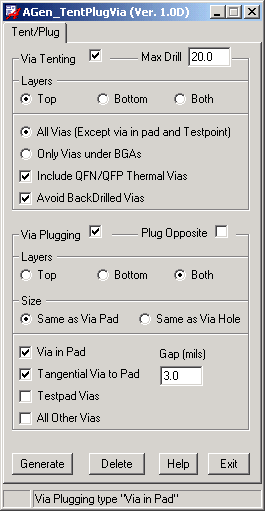 CopperCAD's AGen TentPlugVia  Program Menu