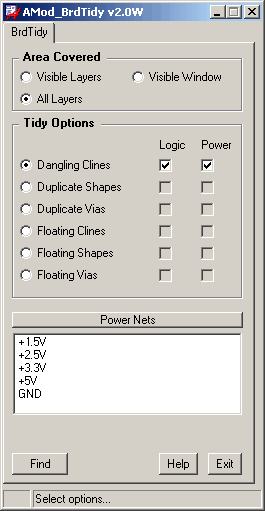 CopperCAD's AMod BrdTidy Program Menu