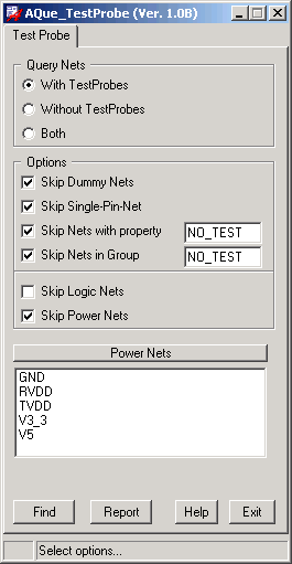 CopperCAD's AQue TestProbe Program Menu